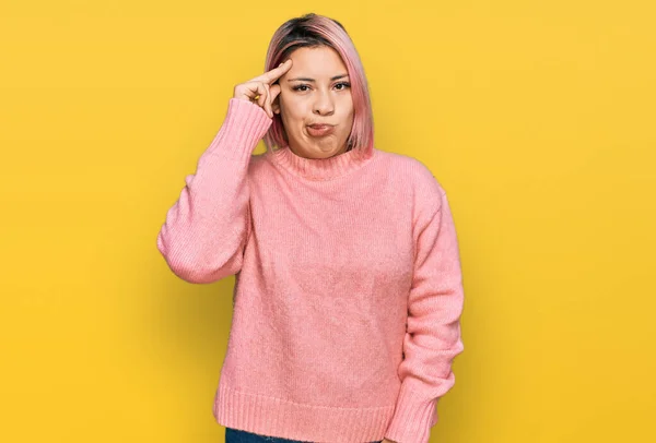 Hispanic Woman Pink Hair Wearing Casual Winter Sweater Worried Stressed — Stock Photo, Image
