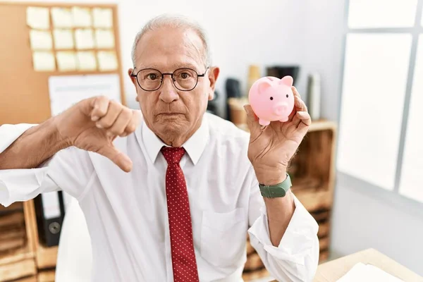 Senior Business Man Holding Piggy Bank Angry Face Negative Sign — Stok fotoğraf