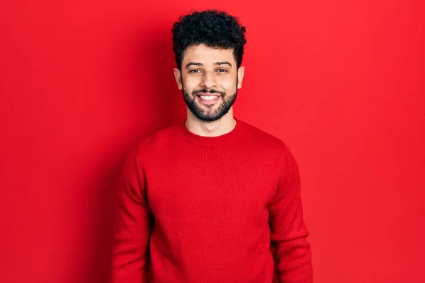Young Arab Man Beard Wearing Casual Red Sweater Happy Cool — Zdjęcie stockowe