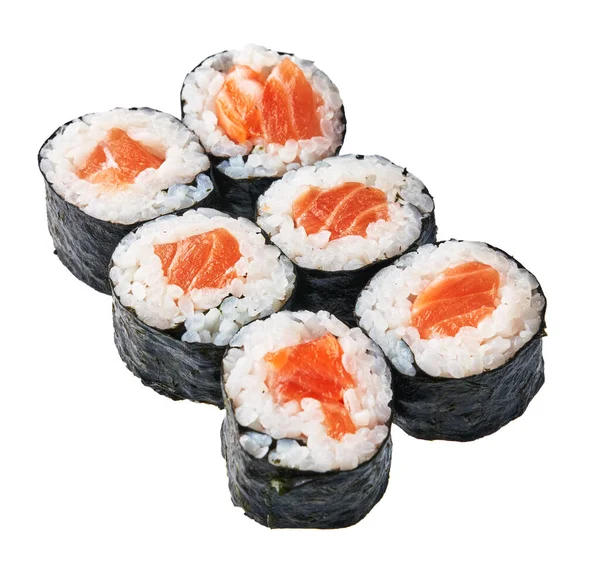 Groep Zalm Sushi Maki Geïsoleerd Witte Achtergrond — Stockfoto