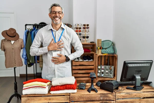 Middle Age Hispanic Man Working Manager Retail Boutique Smiling Laughing — Stockfoto