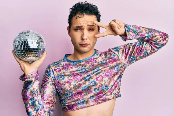 Handsome Man Wearing Make Holding Shiny Disco Ball Depressed Worry — Stock Photo, Image
