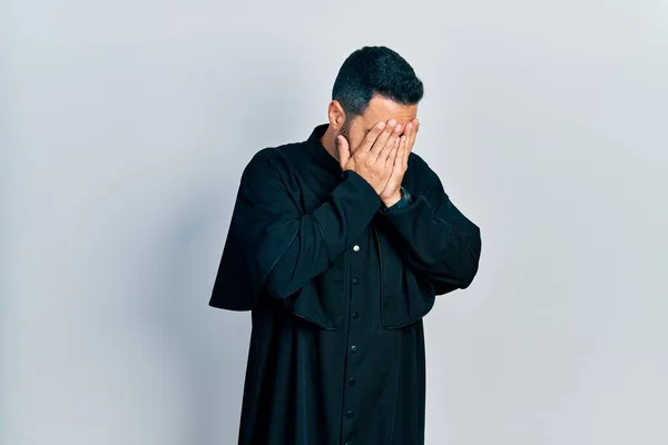 Handsome Hispanic Man Beard Wearing Catholic Priest Robe Sad Expression — Foto Stock