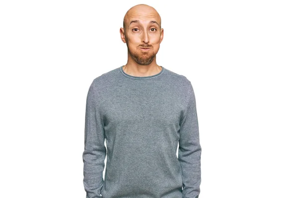 Bald Man Beard Wearing Casual Clothes Puffing Cheeks Funny Face — Stok fotoğraf
