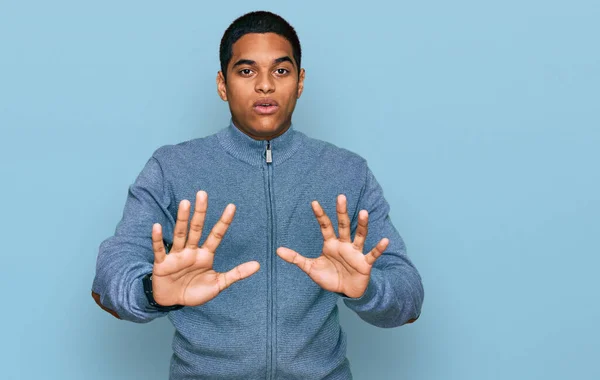 Young Handsome Hispanic Man Wearing Casual Sweatshirt Moving Away Hands — Stock Photo, Image