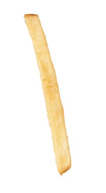  Beyaz arka planda izole edilmiş tek bir kızarmış patates.