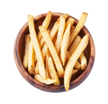  Bir kase kızarmış patates, beyaz arka planda izole edilmiş.