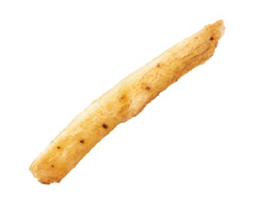  Beyaz arka planda izole edilmiş tek bir kızarmış patates.