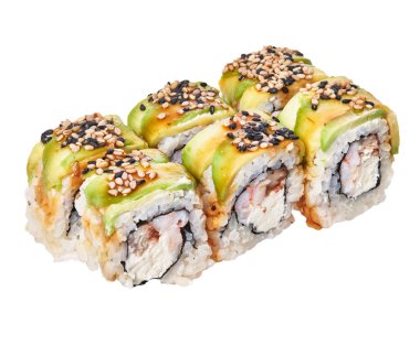  Beyaz arka planda izole edilmiş karides ve peynir kremalı uramaki suşisi grubu.