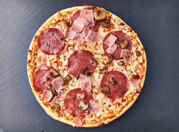 Delicious Italian Pizza Blackboard Surface — Stock Photo, Image