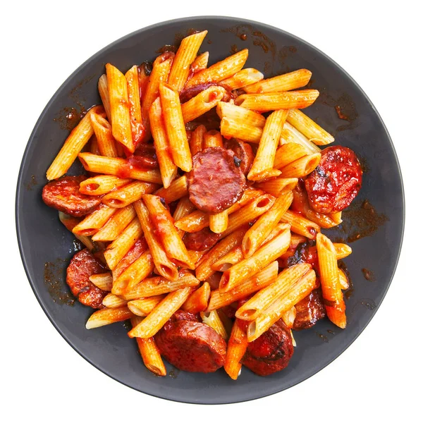 Placa Con Macarrones Italianos Con Pepperoni Salsa Tomate Aislados Sobre — Foto de Stock