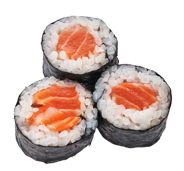 Groep Zalm Sushi Maki Geïsoleerd Witte Achtergrond — Stockfoto