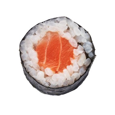  Beyaz arka planda tek başına kalmış somon balığı suşisi.