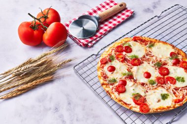  İtalyan pizzası fırın çelik tepside mermer yüzeyde.