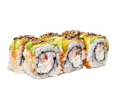  Beyaz arka planda izole edilmiş karides ve peynir kremalı uramaki suşisi grubu.