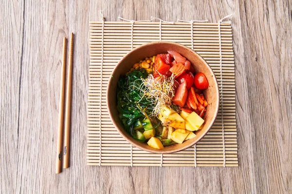 Delicious Poke Bowl Wooden Surface — стоковое фото