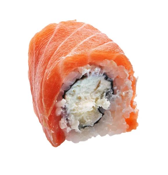 Single Salmón Uramaki Sushi Aislado Sobre Fondo Blanco — Foto de Stock