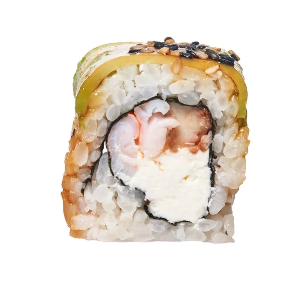 Pojedyncze Krewetki Ser Krem Uramaki Sushi Izolowane Białym Tle — Zdjęcie stockowe