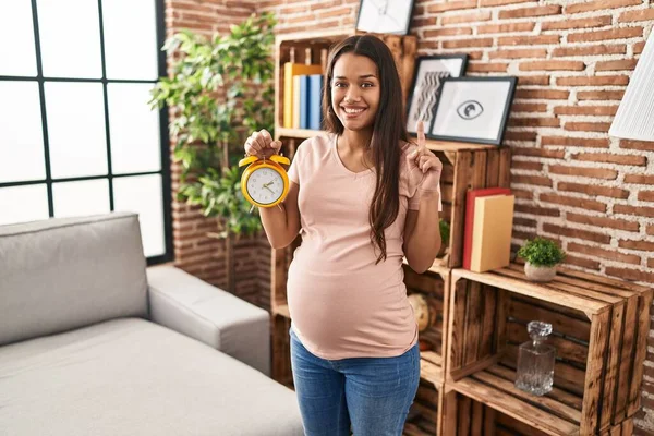 Young Pregnant Woman Holding Alarm Clock Due Date Surprised Idea — 图库照片