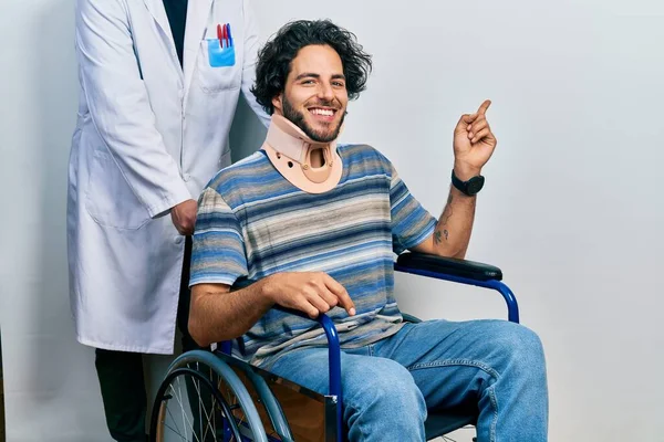 Handsome Hispanic Man Sitting Wheelchair Wearing Neck Collar Big Smile — ストック写真