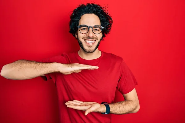 Handsome Hispanic Man Wearing Casual Shirt Glasses Gesturing Hands Showing — 스톡 사진