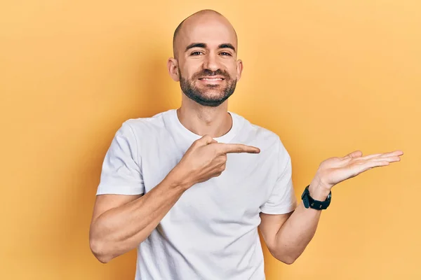 Young Bald Man Wearing Casual White Shirt Amazed Smiling Camera — Stock Fotó