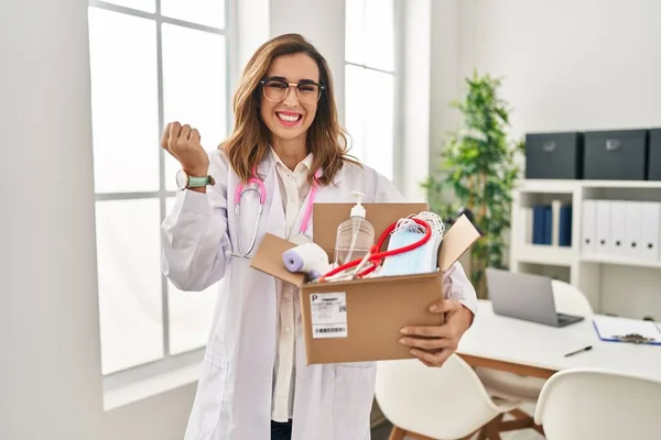 Young Doctor Woman Holding Box Medical Items Screaming Proud Celebrating — Stok fotoğraf