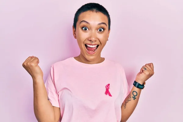 Beautiful Hispanic Woman Short Hair Wearing Pink Cancer Ribbon Shirt — 스톡 사진