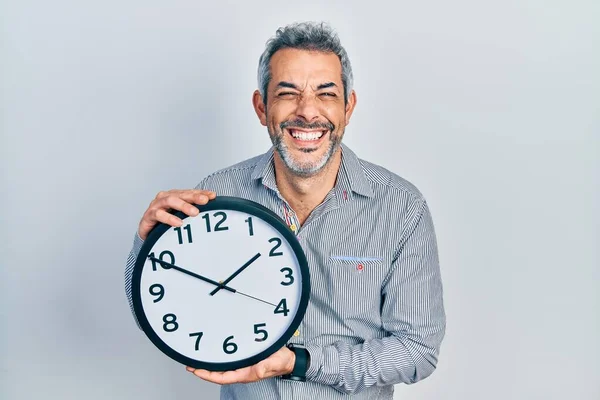 Handsome Middle Age Man Grey Hair Holding Big Clock Smiling — Fotografia de Stock
