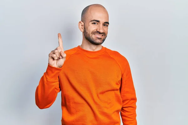 Young Bald Man Wearing Casual Clothes Smiling Idea Question Pointing — Stock Fotó