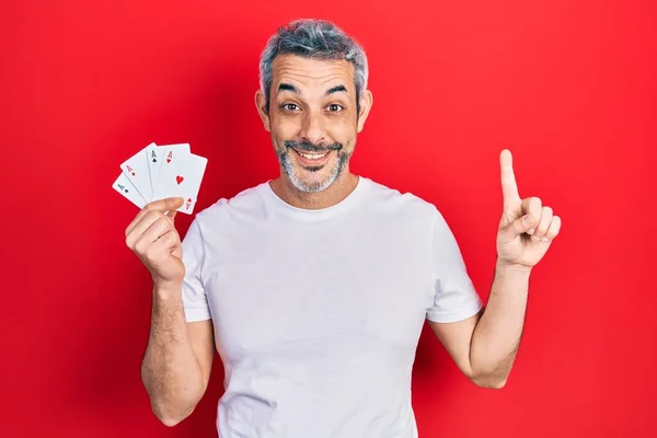 Handsome Middle Age Man Grey Hair Holding Poker Cards Smiling — Fotografia de Stock