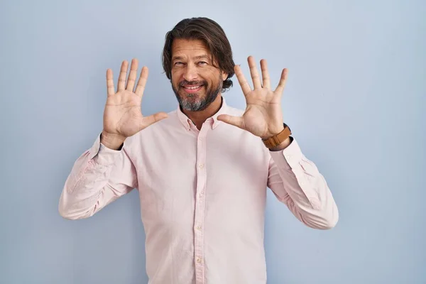 Handsome Middle Age Man Wearing Elegant Shirt Background Showing Pointing — Stockfoto