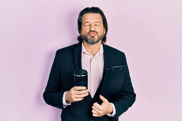 Middle Age Caucasian Man Wearing Business Clothes Drinking Take Away — Zdjęcie stockowe