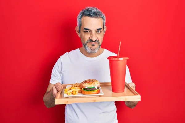 Handsome Middle Age Man Grey Hair Eating Tasty Classic Burger — Photo