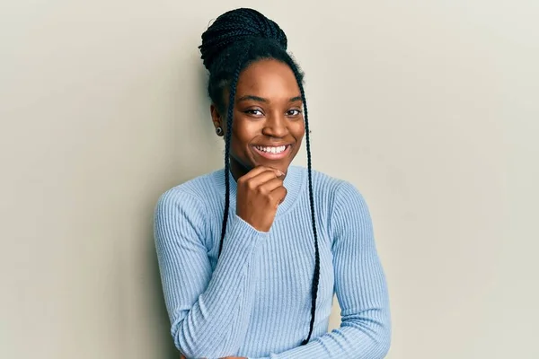 African American Woman Braided Hair Wearing Casual Blue Sweater Smiling — Fotografia de Stock