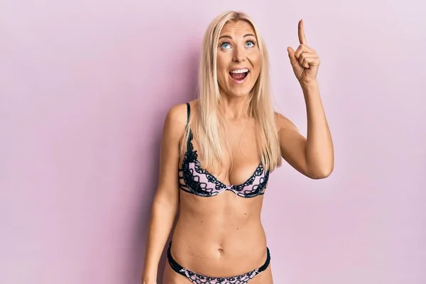 Young Blonde Woman Wearing Lingerie Pointing Finger Successful Idea Exited — Fotografia de Stock