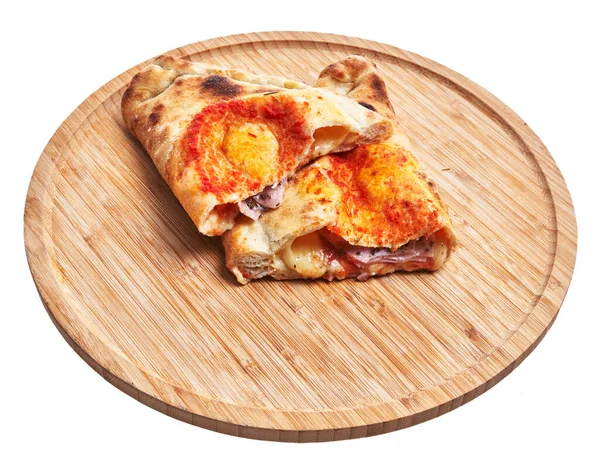 Slices Calzone Italian Pizza Wooden Plate Isolated White Background — Zdjęcie stockowe