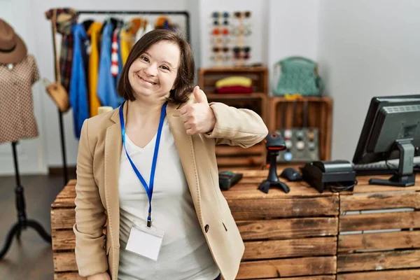 Young Syndrome Woman Working Manager Retail Boutique Doing Happy Thumbs — Stockfoto