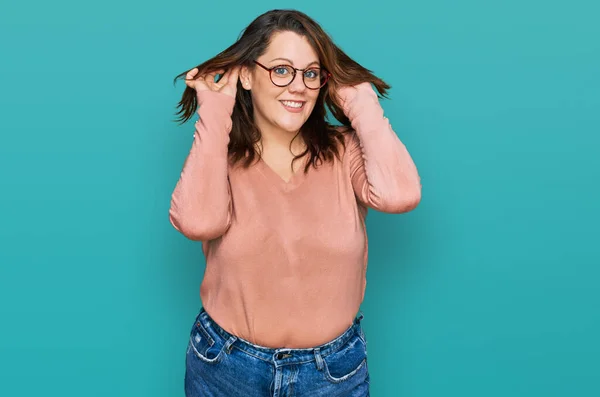 Young Size Woman Wearing Casual Clothes Glasses Smiling Pulling Ears — Stok fotoğraf