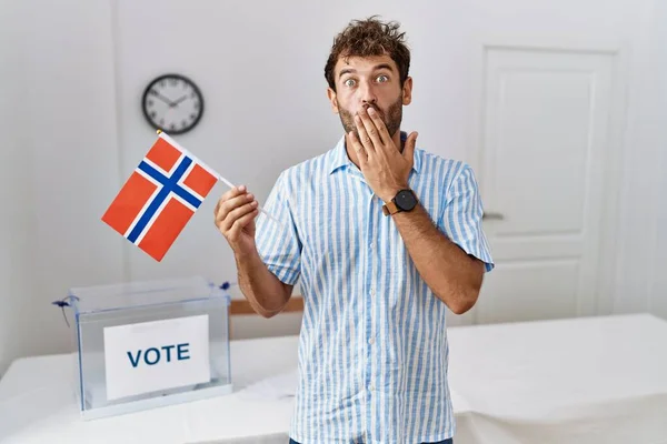 Young Handsome Man Political Campaign Election Holding Norway Flag Covering — стоковое фото