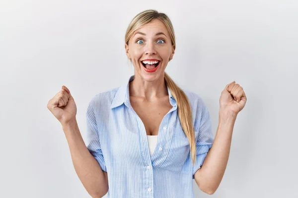Beautiful Blonde Woman Standing White Background Celebrating Surprised Amazed Success — Photo