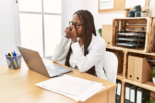 Black Woman Braids Working Office Speaking Phone Tired Rubbing Nose — Stok fotoğraf