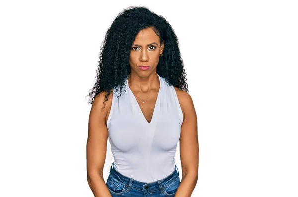 Middle Age African American Woman Wearing Casual Style Sleeveless Shirt — Photo