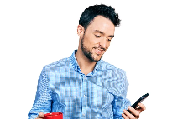 Hispanic Man Beard Using Smartphone Drinking Cup Coffee Smiling Happy — Stock Photo, Image