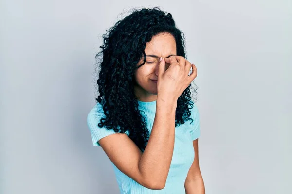 Young Hispanic Woman Curly Hair Wearing Casual Blue Shirt Tired — Fotografia de Stock