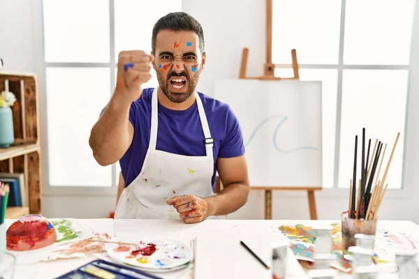 Young Hispanic Man Beard Art Studio Painted Face Angry Mad — Foto de Stock