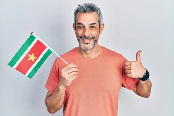 Handsome Middle Age Man Grey Hair Holding Suriname Flag Smiling — Stock fotografie