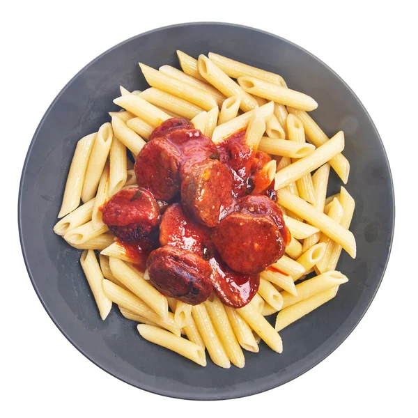 Plaat Met Italiaanse Macaroni Met Peperoni Tomatensaus Geïsoleerd Witte Achtergrond — Stockfoto