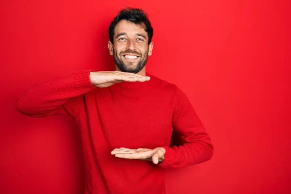 Handsome Man Beard Wearing Casual Red Sweater Gesturing Hands Showing — Stock Photo, Image