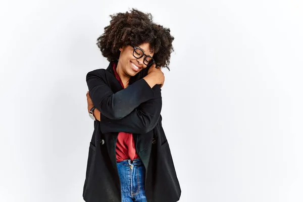 African American Woman Afro Hair Wearing Business Jacket Glasses Hugging — Stockfoto